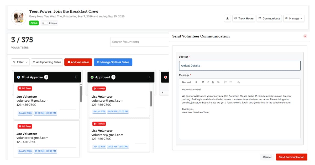 Manage volunteer dashboard