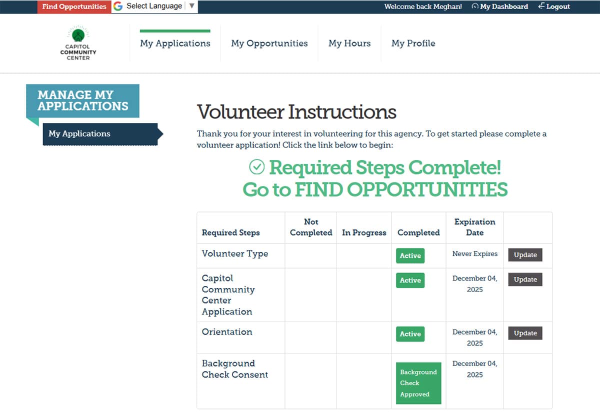 Volunteer application steps completed, ready for opportunities.