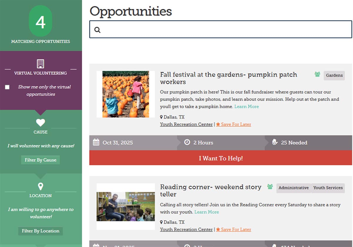 Volunteer opportunities page with event listings.