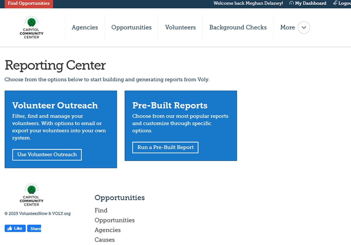 Capitol Community Center Reporting Center options page.