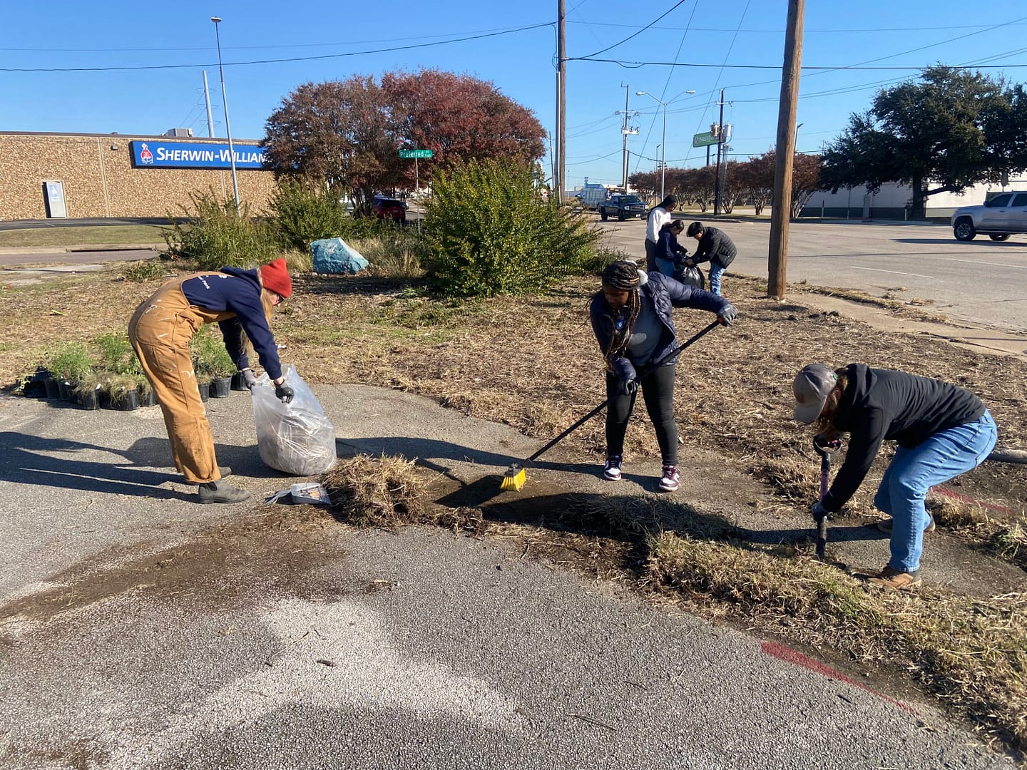 Volunteers cleaning up park near intersection.