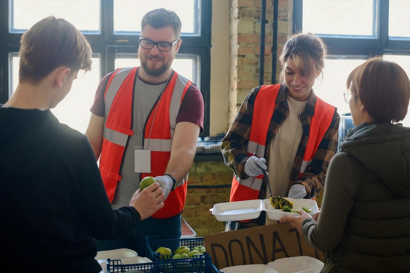 Volunteers distributing food at donation center.