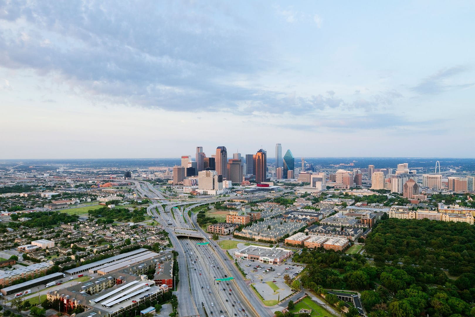 Dallas skyline with highways and buildings visible