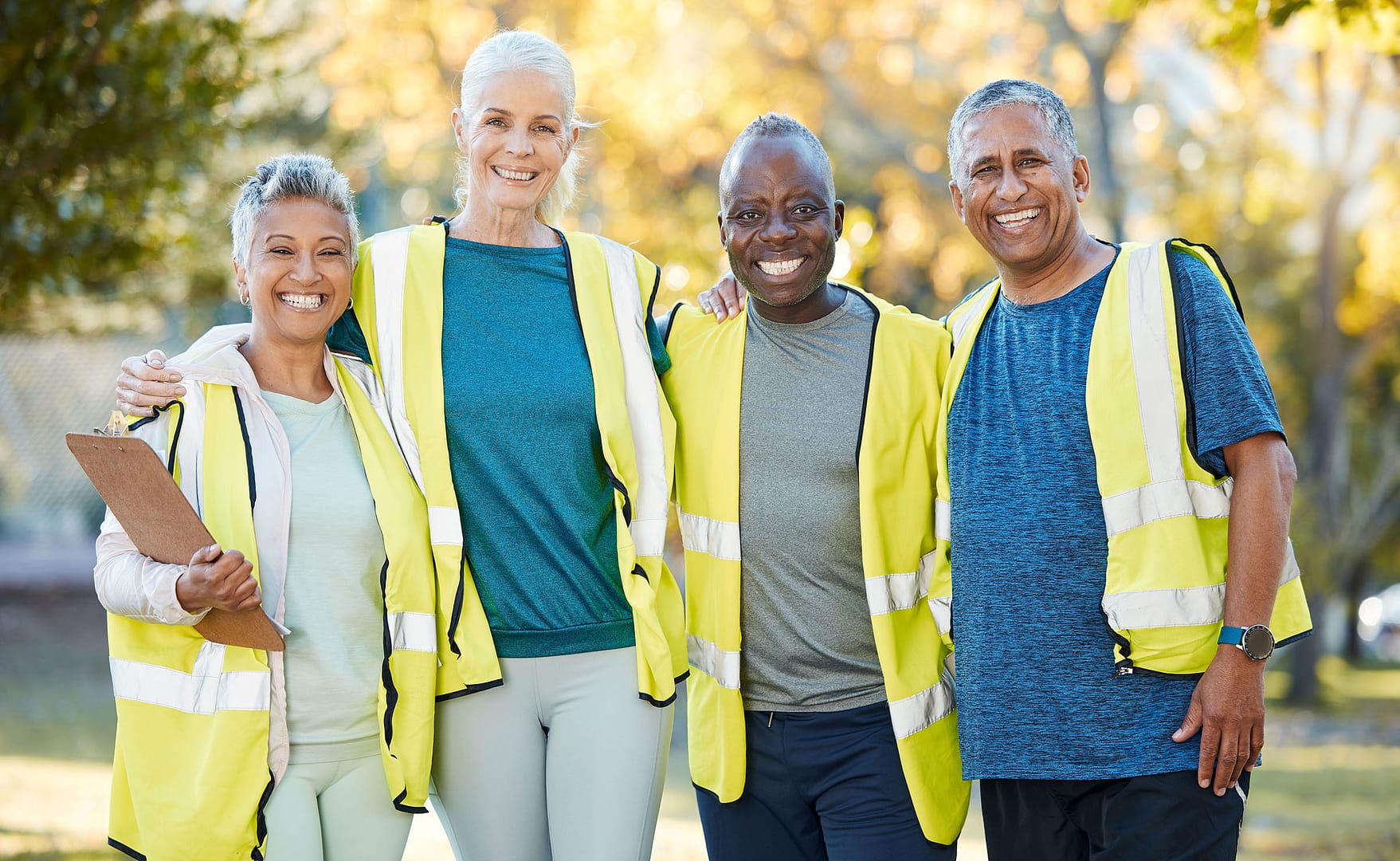 Smiling adults wearing yellow safety vests outdoors.