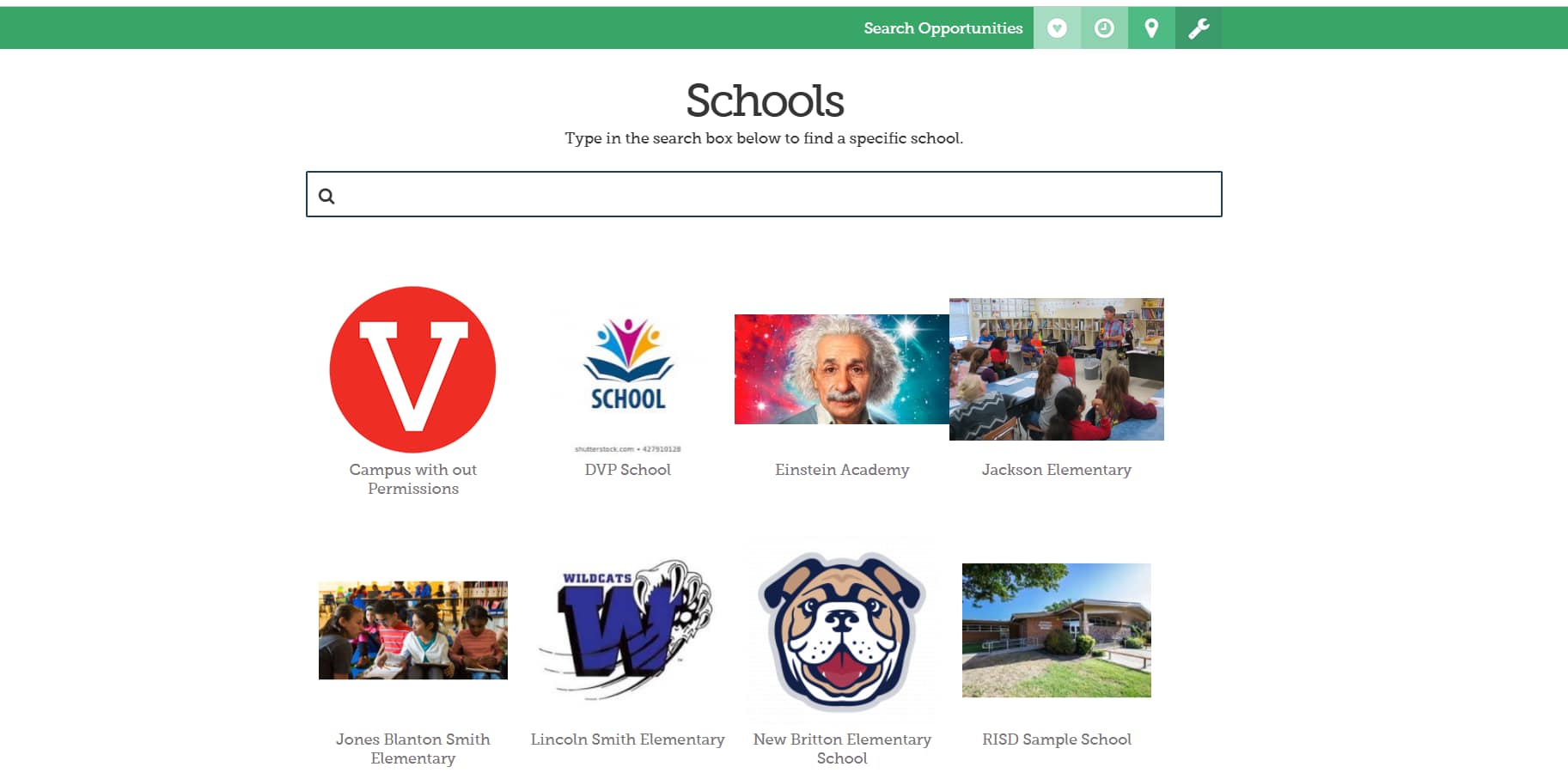 School directory search with various school logos.