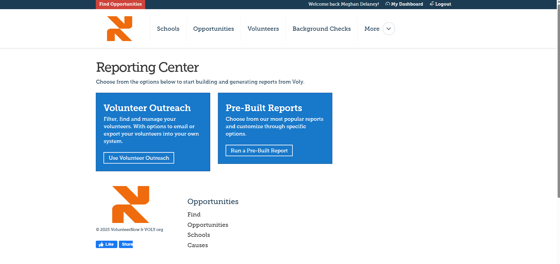 Volunteer outreach and reporting options.