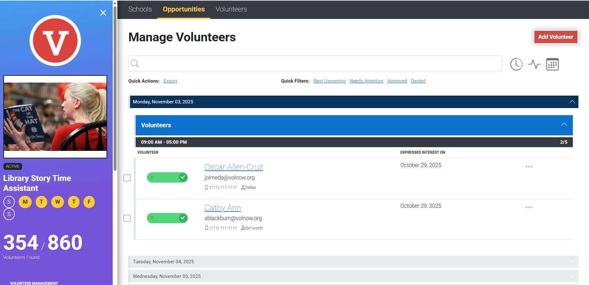 Volunteer management dashboard with event details.