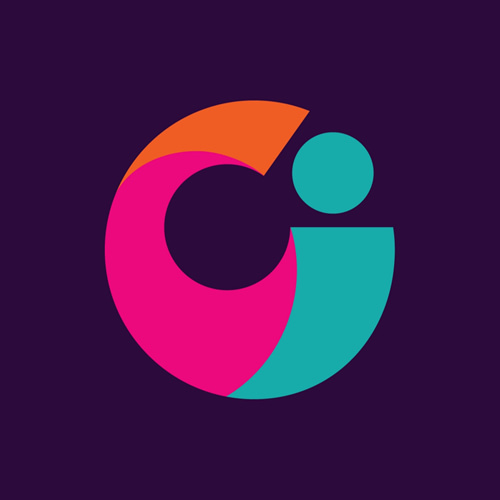 Colorful abstract circular logo on dark background