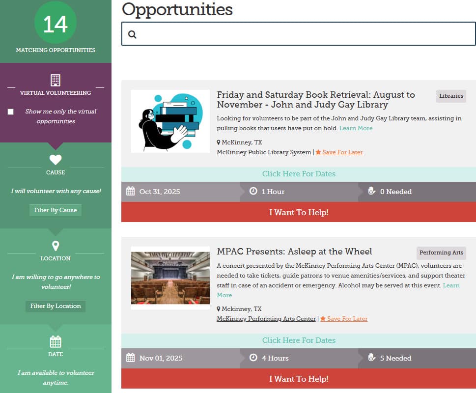 Volunteer opportunities at library and arts center.